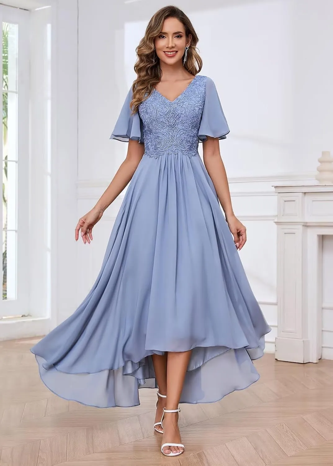 Tea Length Mother of The Bride Dresses Chiffon Lace Appliques V Neck Formal Dresses with Sleeves