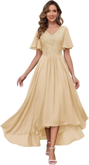 Tea Length Mother of The Bride Dresses Chiffon Lace Appliques V Neck Formal Dresses with Sleeves