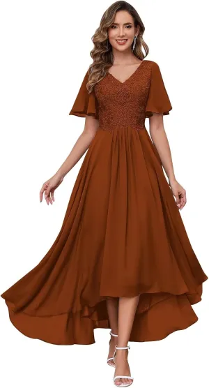 Tea Length Mother of The Bride Dresses Chiffon Lace Appliques V Neck Formal Dresses with Sleeves