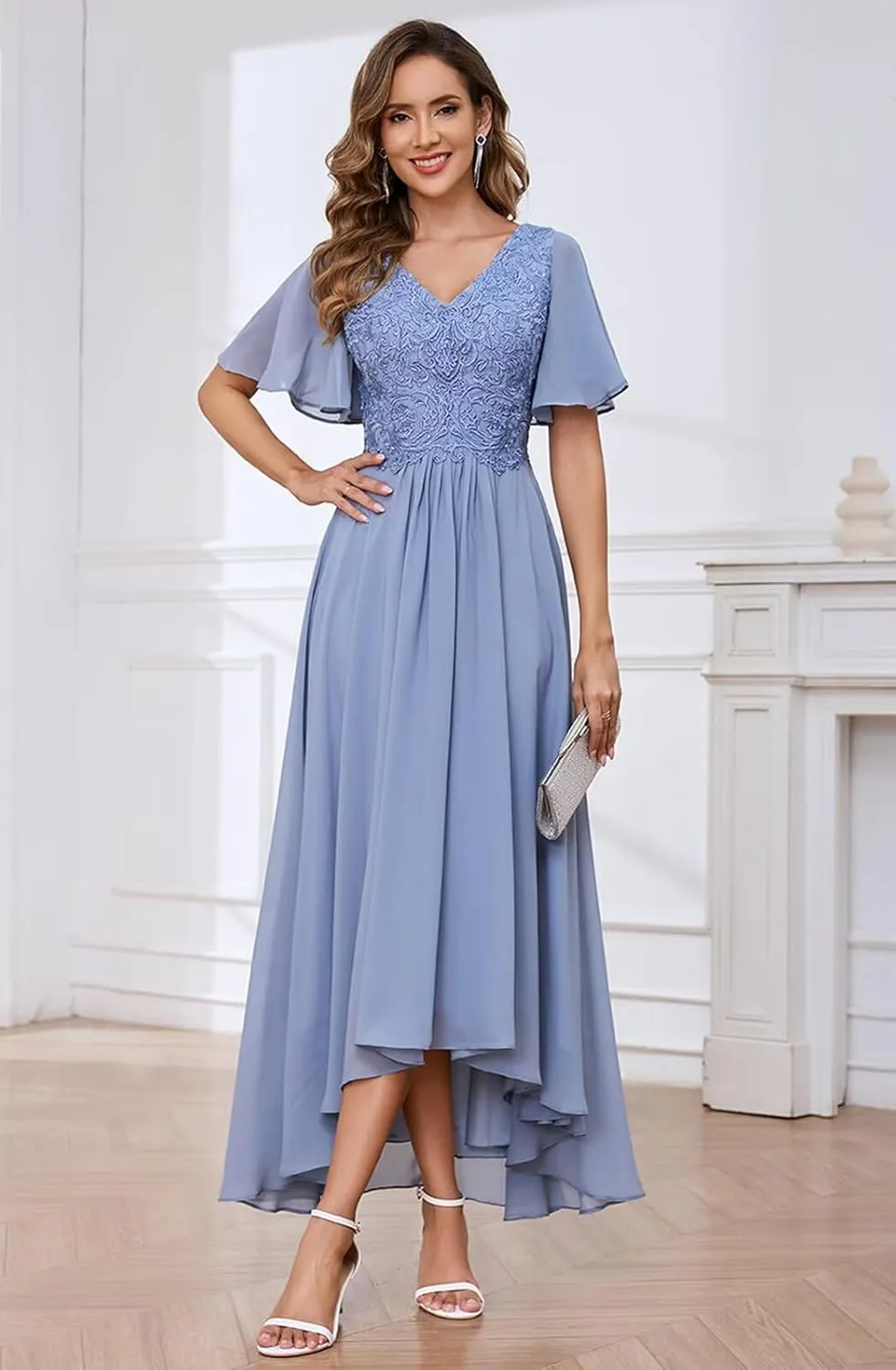 Tea Length Mother of The Bride Dresses Chiffon Lace Appliques V Neck Formal Dresses with Sleeves