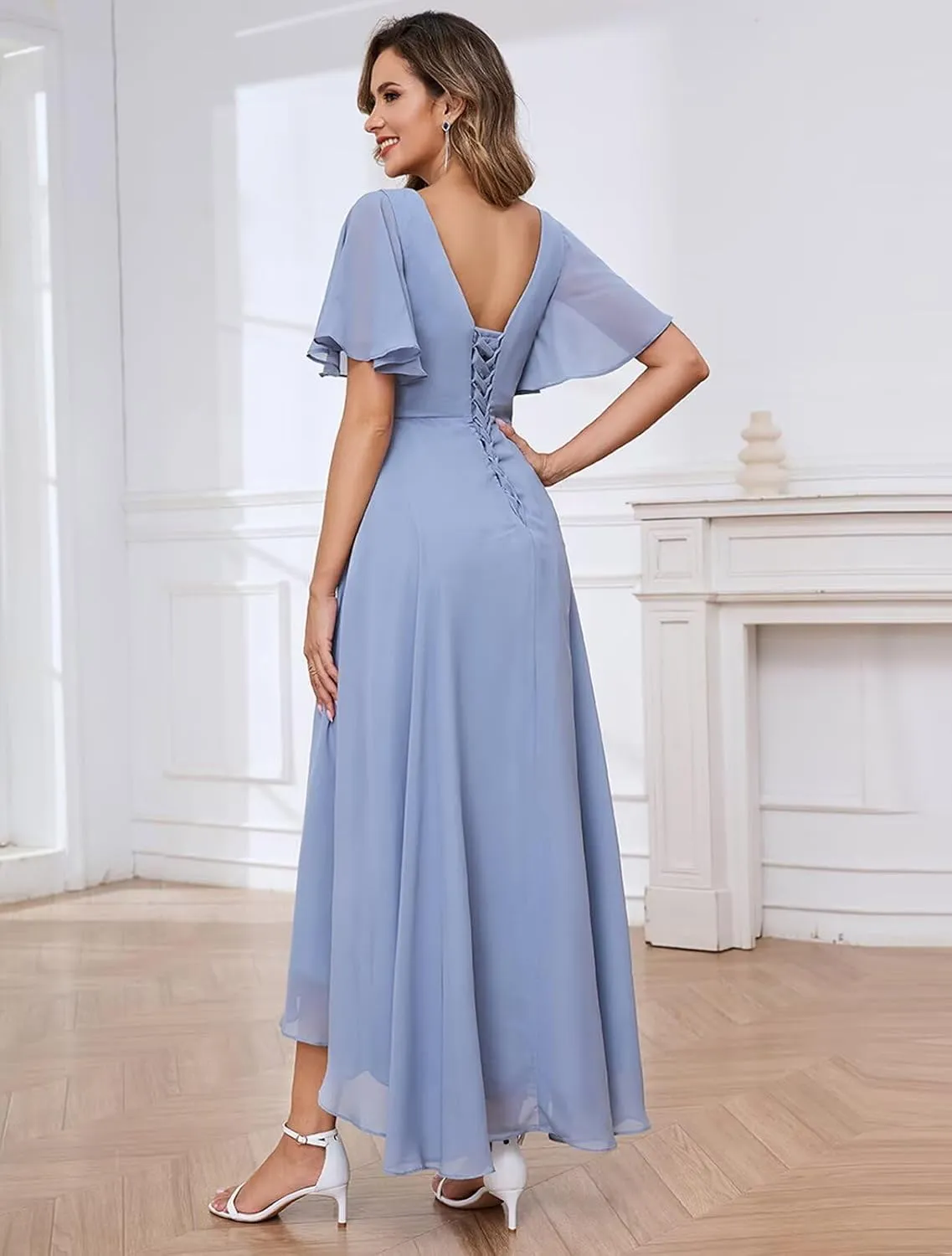 Tea Length Mother of The Bride Dresses Chiffon Lace Appliques V Neck Formal Dresses with Sleeves