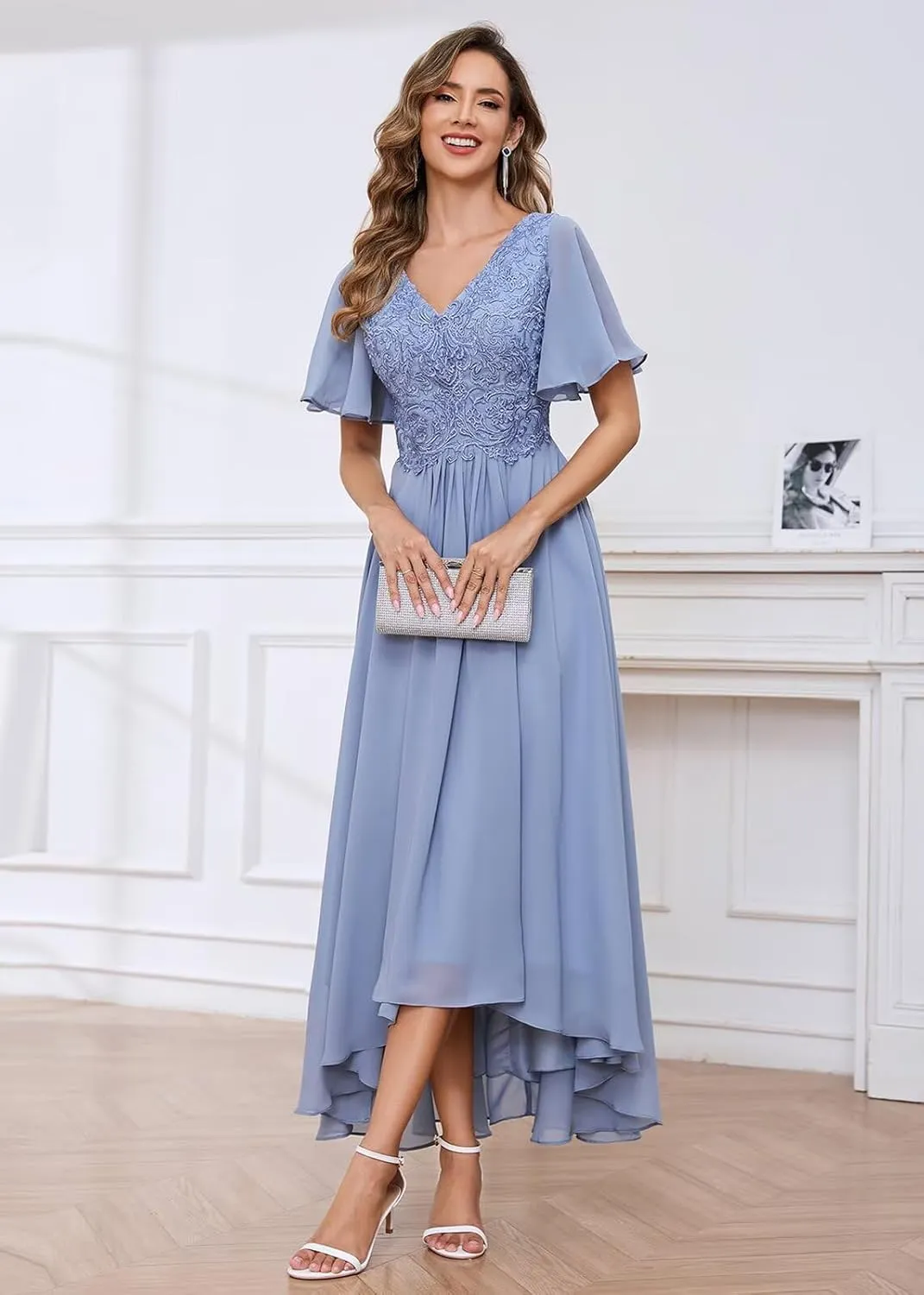 Tea Length Mother of The Bride Dresses Chiffon Lace Appliques V Neck Formal Dresses with Sleeves