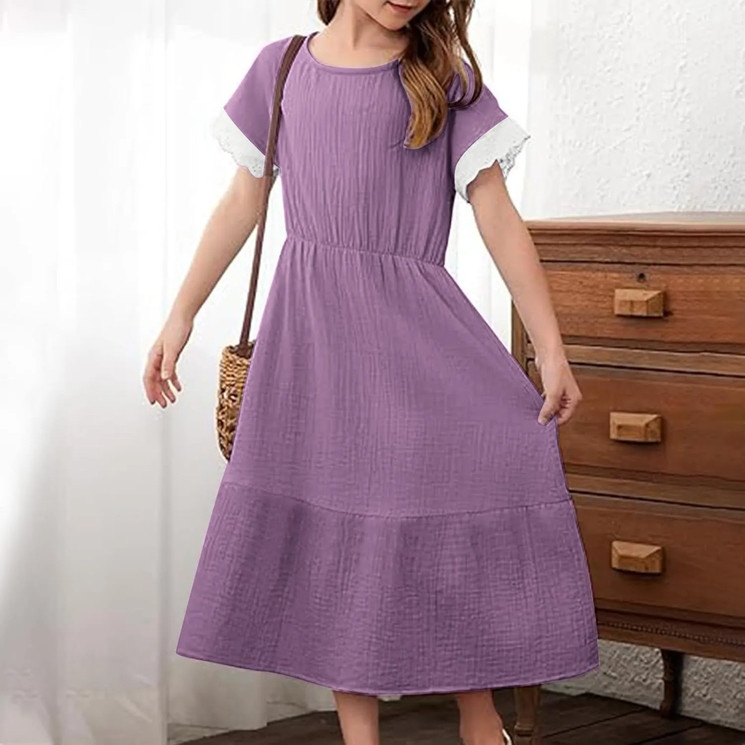 Teen Girls Casual Dress Summer Flutter Sleeve Swing Dresses Kids Smocked Ruffle Mini Skirts Tiered Beach Sundress