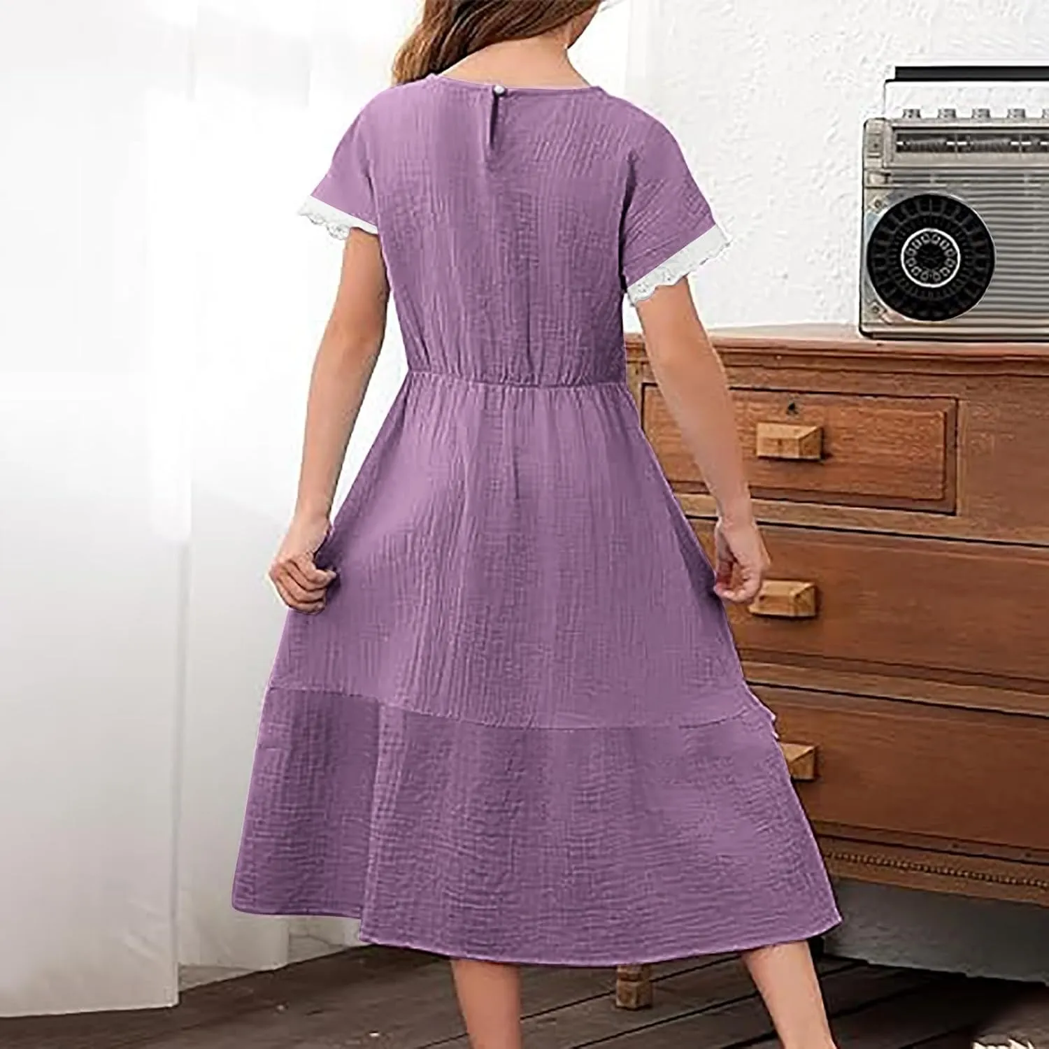 Teen Girls Casual Dress Summer Flutter Sleeve Swing Dresses Kids Smocked Ruffle Mini Skirts Tiered Beach Sundress