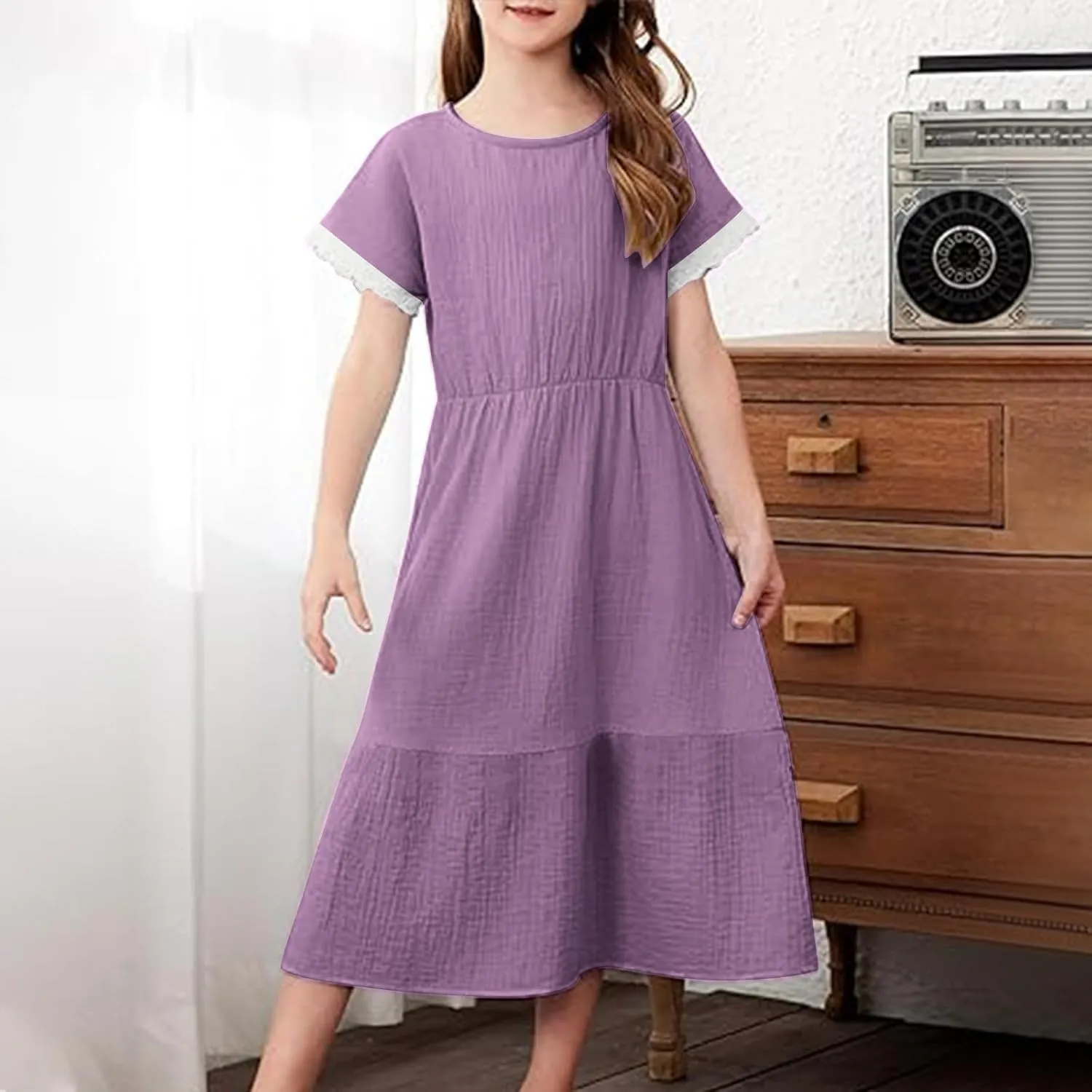 Teen Girls Casual Dress Summer Flutter Sleeve Swing Dresses Kids Smocked Ruffle Mini Skirts Tiered Beach Sundress