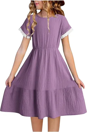 Teen Girls Casual Dress Summer Flutter Sleeve Swing Dresses Kids Smocked Ruffle Mini Skirts Tiered Beach Sundress