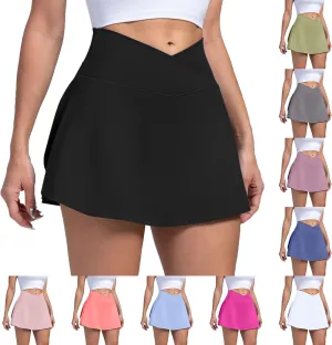 Tennis Skirts for Women with Shorts V Cross High Waisted Tummy Control Golf Skirt Gym Workout Skorts with Pockets