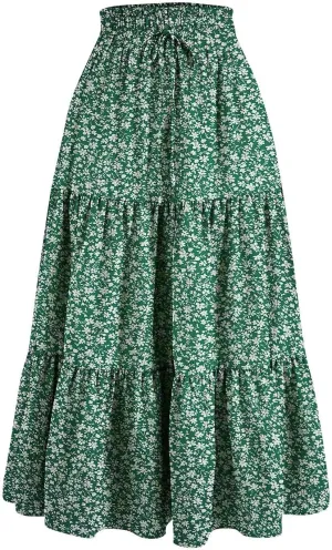 Tiered Maxi Skirts for Women Comfy Long Skorts Elastic High Waisted Ruffle Hem Flowy Swing Summer Cover Ups