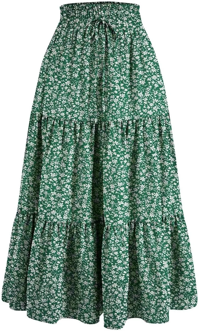 Tiered Maxi Skirts for Women Comfy Long Skorts Elastic High Waisted Ruffle Hem Flowy Swing Summer Cover Ups