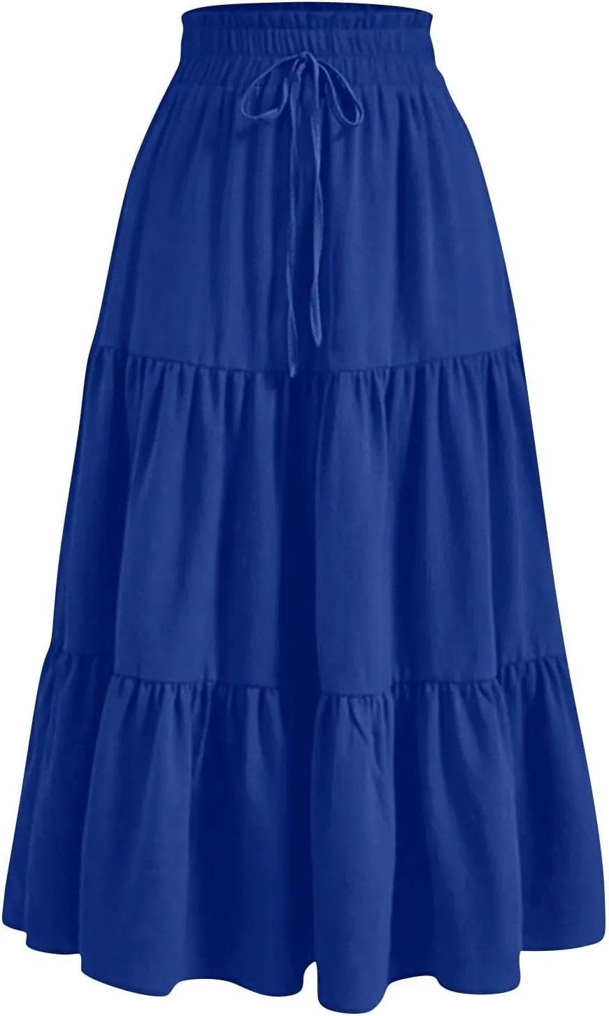 Tiered Maxi Skirts for Women Comfy Long Skorts Ruffle Hem Flowy Swing Elastic High Waisted Summer Cover Ups
