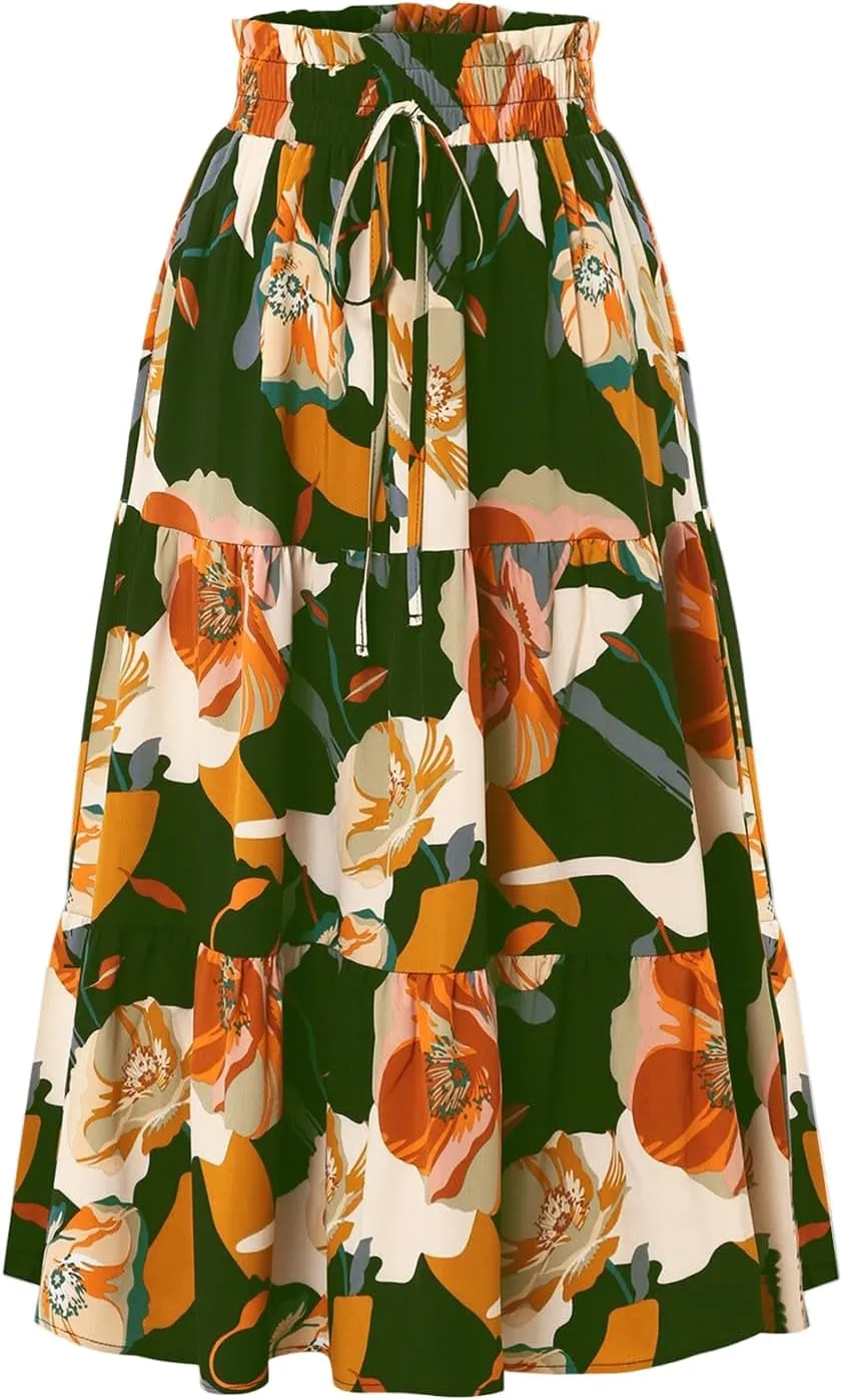 Tiered Maxi Skirts for Women Comfy Long Skorts Ruffle Hem Flowy Swing Elastic High Waisted Summer Cover Ups