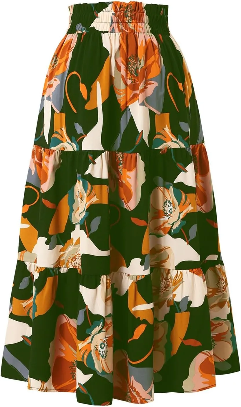 Tiered Maxi Skirts for Women Comfy Long Skorts Ruffle Hem Flowy Swing Elastic High Waisted Summer Cover Ups