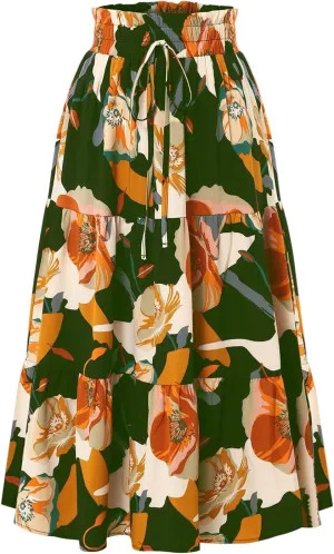 Tiered Maxi Skirts for Women Comfy Long Skorts Ruffle Hem Flowy Swing Elastic High Waisted Summer Cover Ups
