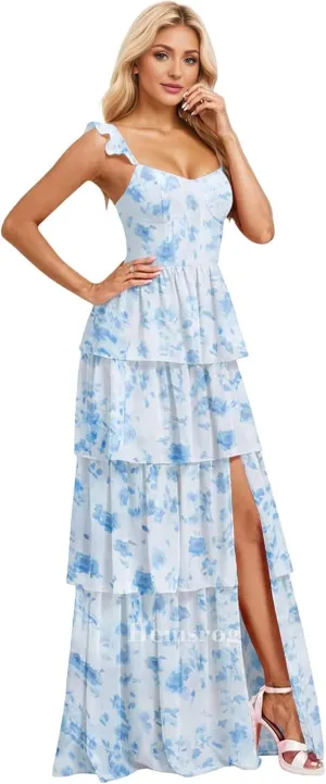 Tiered Ruffle Bridesmaid Dresses for Wedding Spaghetti Strap Prom Dress Chiffon Evening Gown for Women with Slit