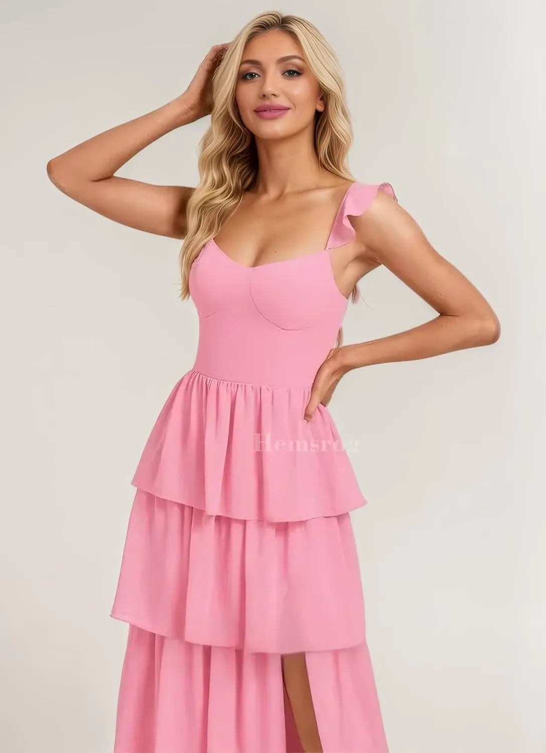 Tiered Ruffle Bridesmaid Dresses for Wedding Spaghetti Strap Prom Dress Chiffon Evening Gown for Women with Slit