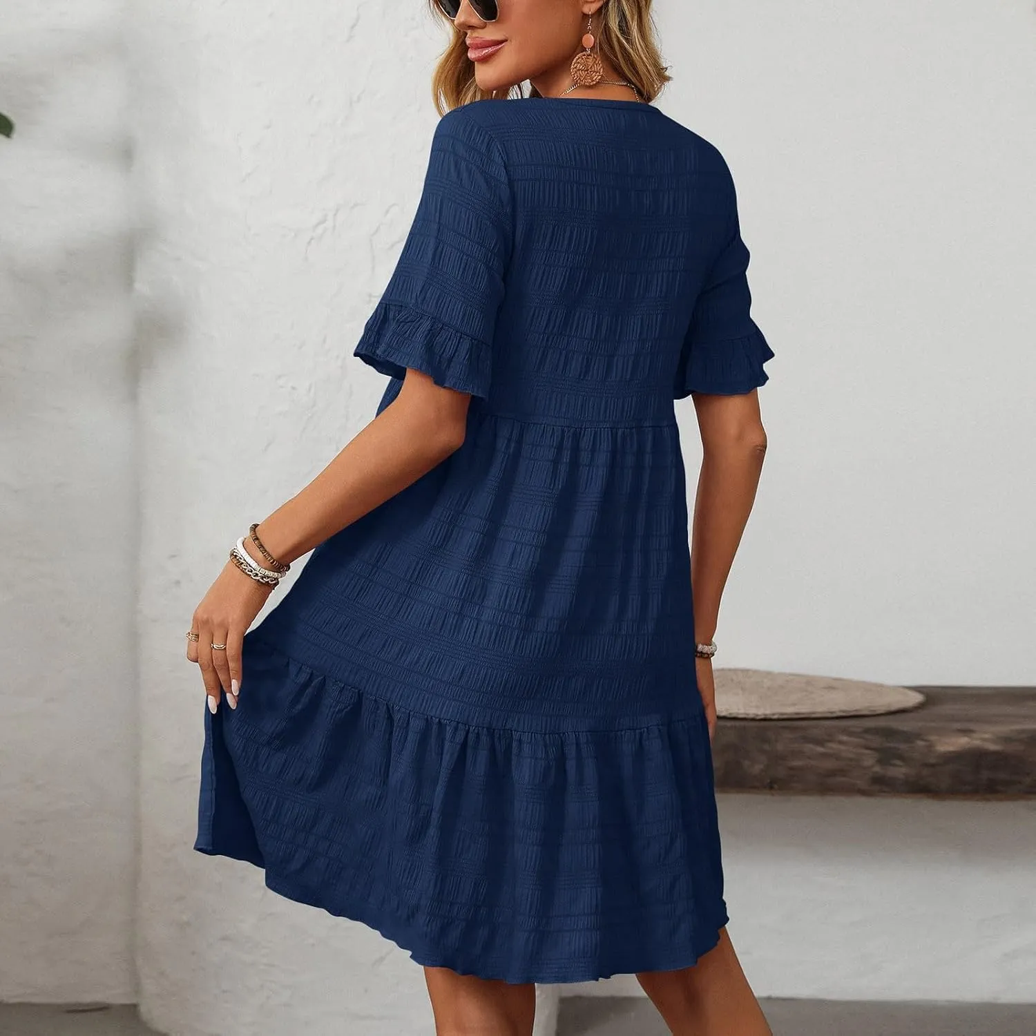 Trendy Summer Dress for Women 2025 Ruffle Short Sleeve Tiered Dresses Casual Loose Vacation Flowy Dresses