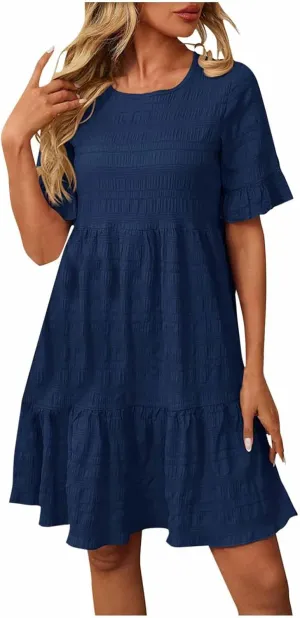 Trendy Summer Dress for Women 2025 Ruffle Short Sleeve Tiered Dresses Casual Loose Vacation Flowy Dresses