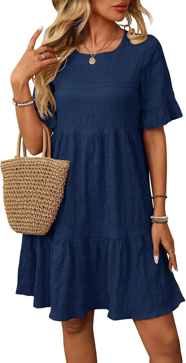 Trendy Summer Dress for Women 2025 Ruffle Short Sleeve Tiered Dresses Casual Loose Vacation Flowy Dresses