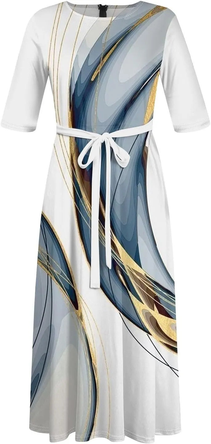 UQRZAU Women's Crew Neck Solid Color Plus Size Maxi Dresses 3/4 Sleeves High Waist Formal Swing Dress XL, 5XL