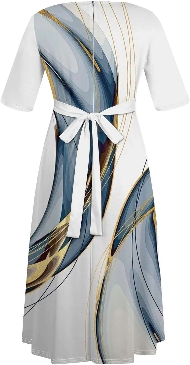 UQRZAU Women's Crew Neck Solid Color Plus Size Maxi Dresses 3/4 Sleeves High Waist Formal Swing Dress XL, 5XL