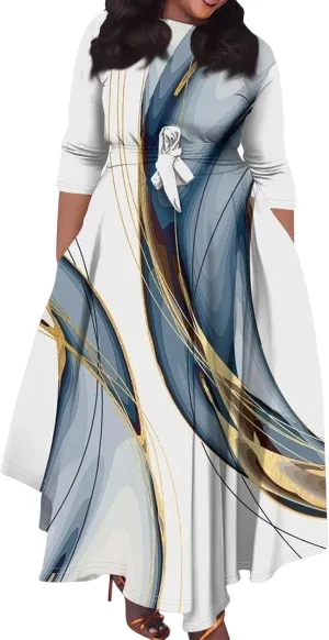 UQRZAU Women's Crew Neck Solid Color Plus Size Maxi Dresses 3/4 Sleeves High Waist Formal Swing Dress XL, 5XL