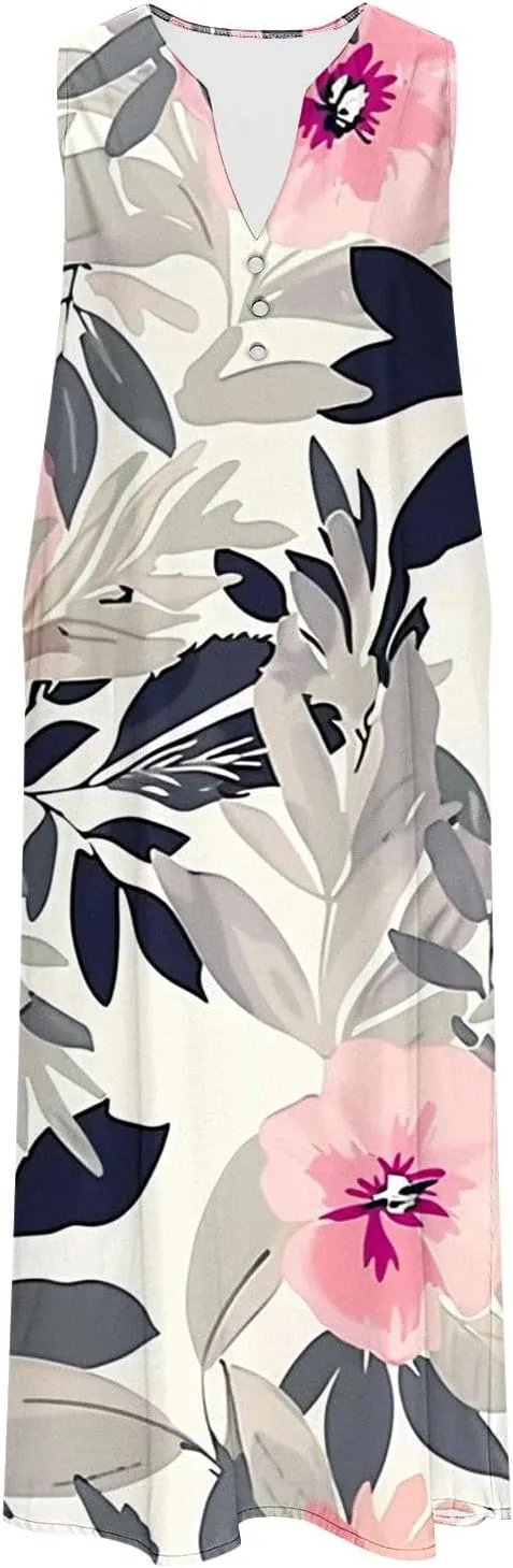 Vacation Dresses for Women 2025 Sleeveless Boho Floral Sundress V-Neck Summer Beach Flowy Dress with Pockets