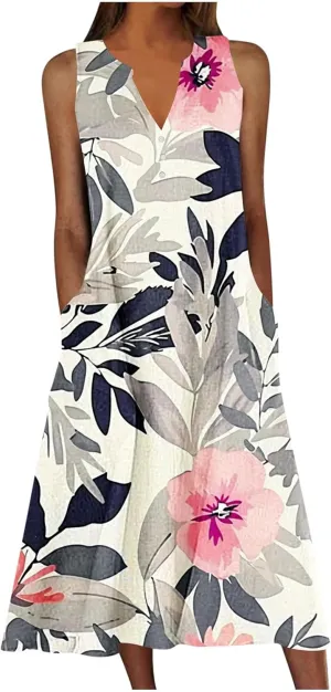 Vacation Dresses for Women 2025 Sleeveless Boho Floral Sundress V-Neck Summer Beach Flowy Dress with Pockets
