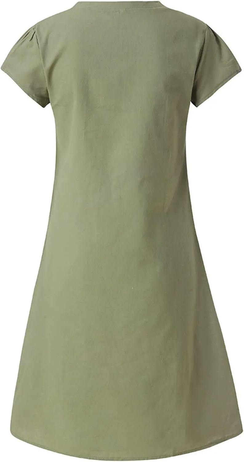 Vacation Dresses for Women Vintage Cotton Short Sleeve V Neck Midi Dress Summer Casual Loose Solid Beach Sundress