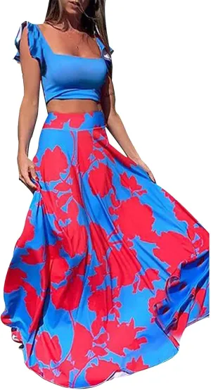 Vakkest Womens Summer Sexy 2 Pieces Outfits Ruffle Floral Tank Top Wrap Boho Tropical Long Skirt Set Clubwear Dresses