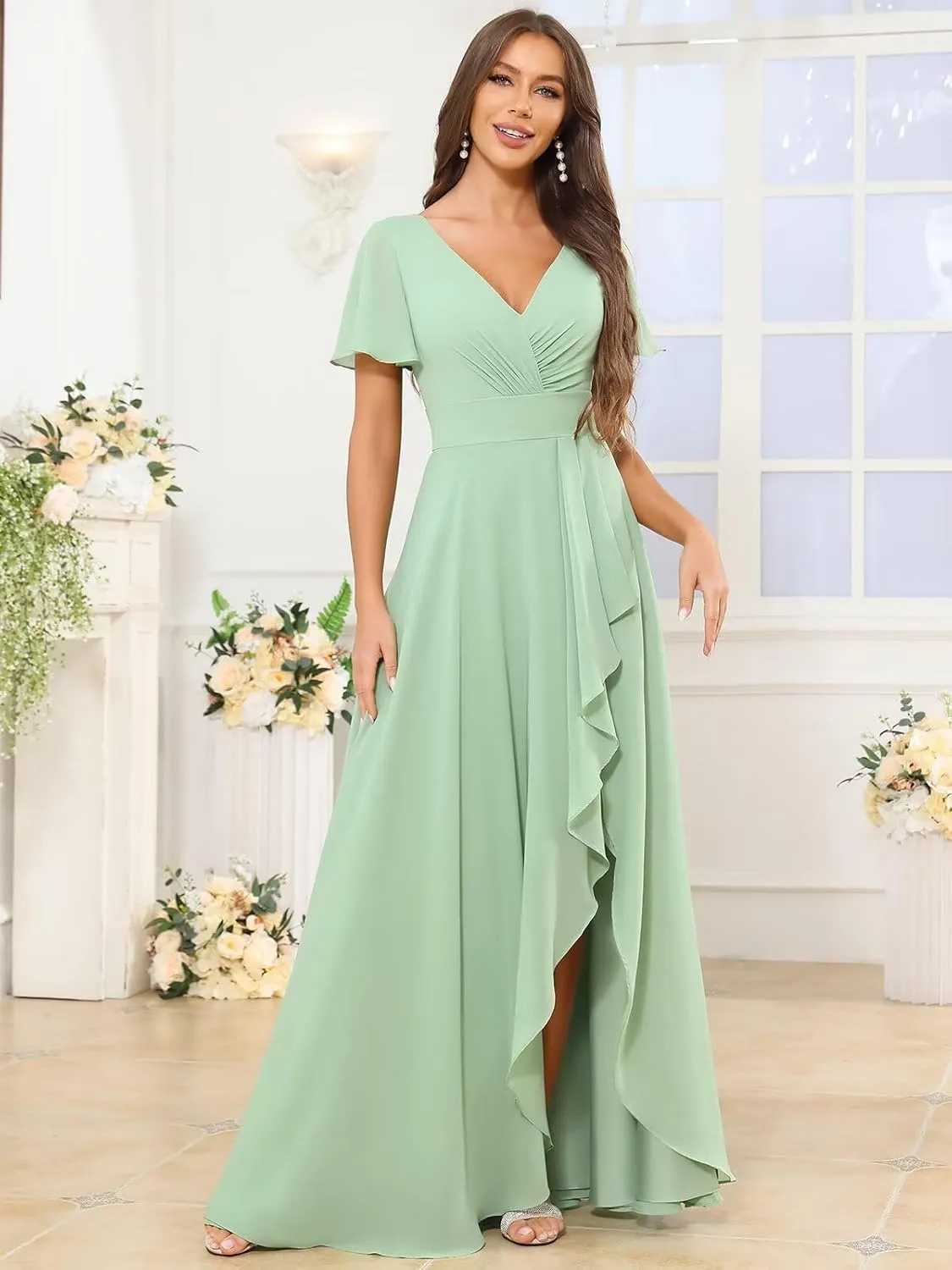 VCCICANY Short Sleeve Bridesmaid Dresses for Women V Neck Chiffon Ruched Long Formal Dress with Ruffle Slit