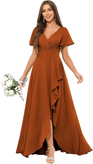 VCCICANY Short Sleeve Bridesmaid Dresses for Women V Neck Chiffon Ruched Long Formal Dress with Ruffle Slit