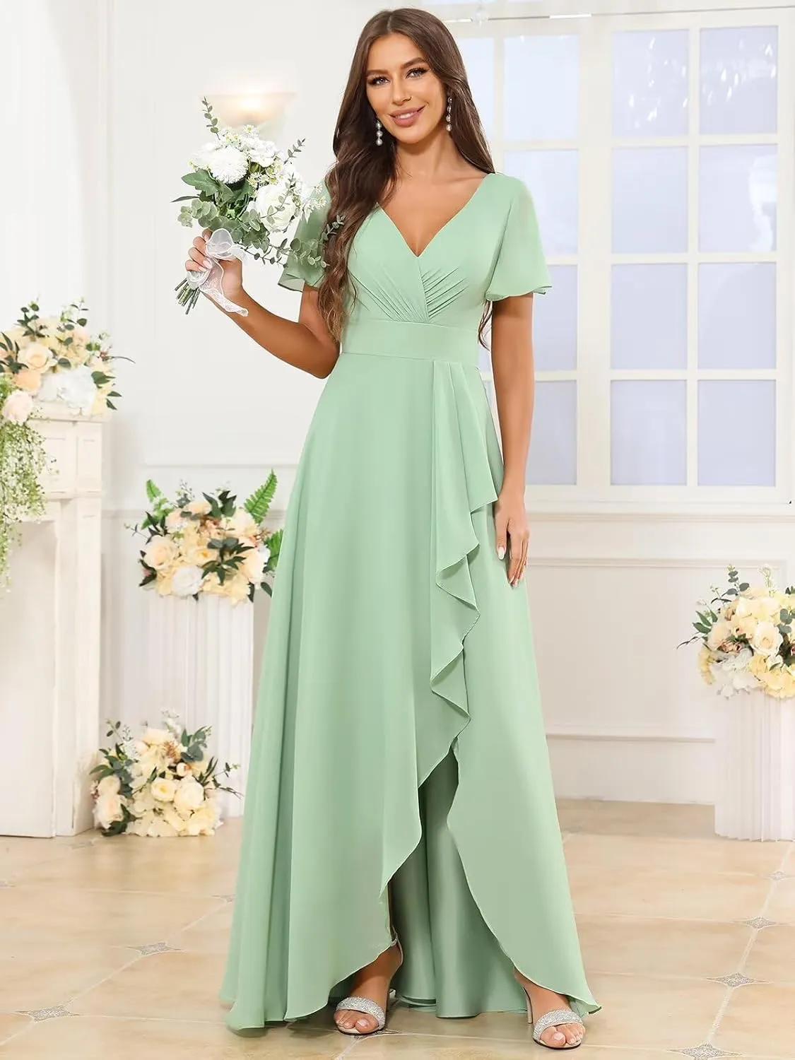 VCCICANY Short Sleeve Bridesmaid Dresses for Women V Neck Chiffon Ruched Long Formal Dress with Ruffle Slit