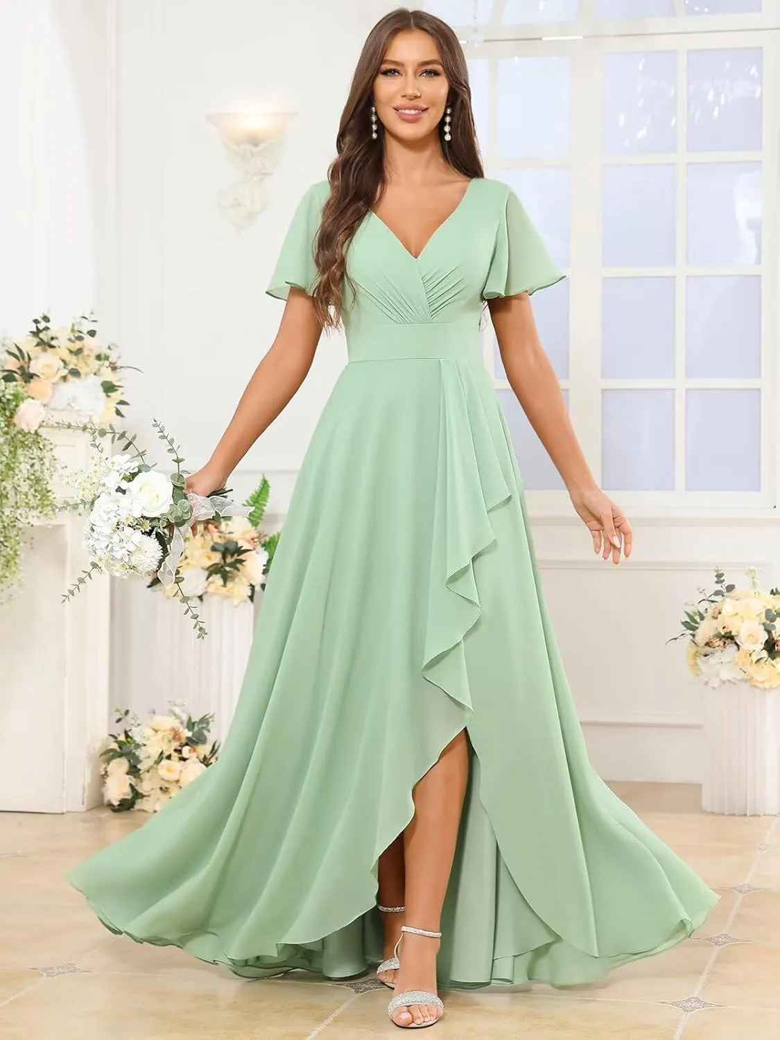 VCCICANY Short Sleeve Bridesmaid Dresses for Women V Neck Chiffon Ruched Long Formal Dress with Ruffle Slit