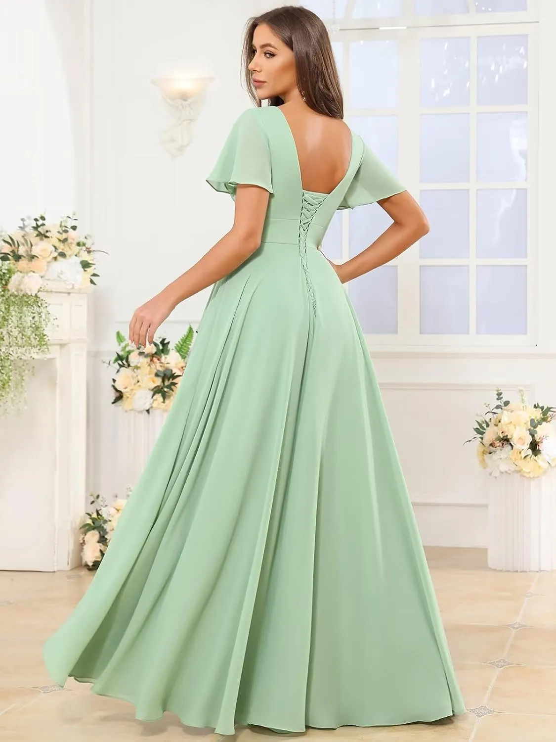 VCCICANY Short Sleeve Bridesmaid Dresses for Women V Neck Chiffon Ruched Long Formal Dress with Ruffle Slit