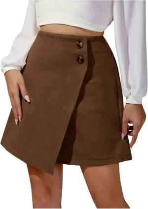 Vintage Suede Mini Skirt for Women Summer High Waist Casual Pencil Skirts Button Wrap Irregular Hem Short Skirt