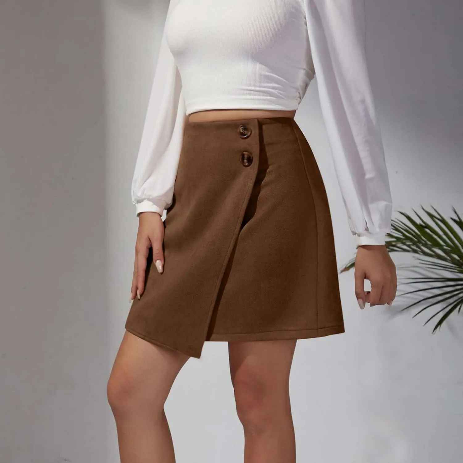 Vintage Suede Mini Skirt for Women Summer High Waist Casual Pencil Skirts Button Wrap Irregular Hem Short Skirt