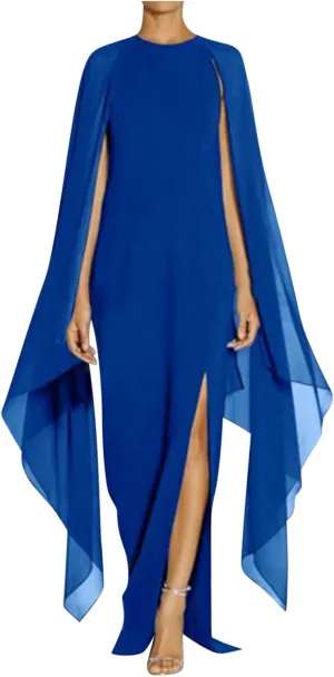 Wedding Dresses for Women Chiffon Elegant High Split Flare Sleeve Dress Formal Evening Gowns Maxi Dress with Cape