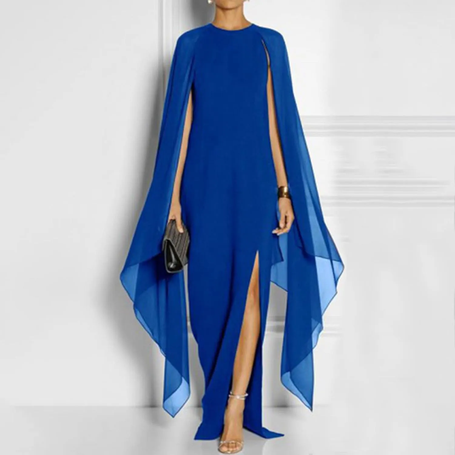 Wedding Dresses for Women Chiffon Elegant High Split Flare Sleeve Dress Formal Evening Gowns Maxi Dress with Cape