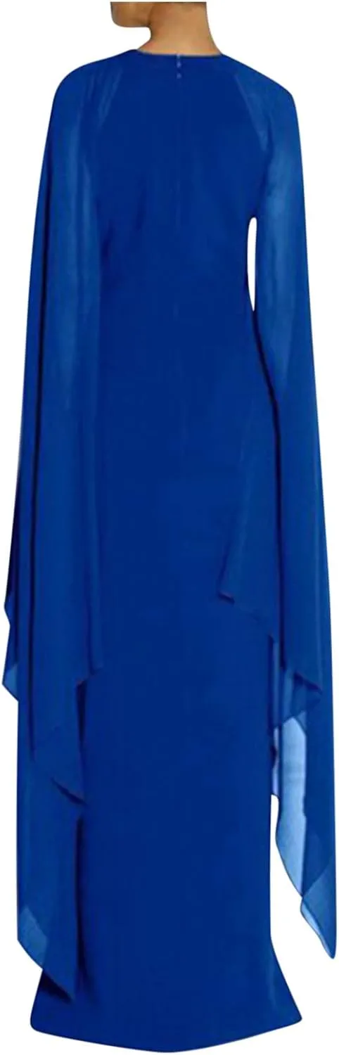 Wedding Dresses for Women Chiffon Elegant High Split Flare Sleeve Dress Formal Evening Gowns Maxi Dress with Cape