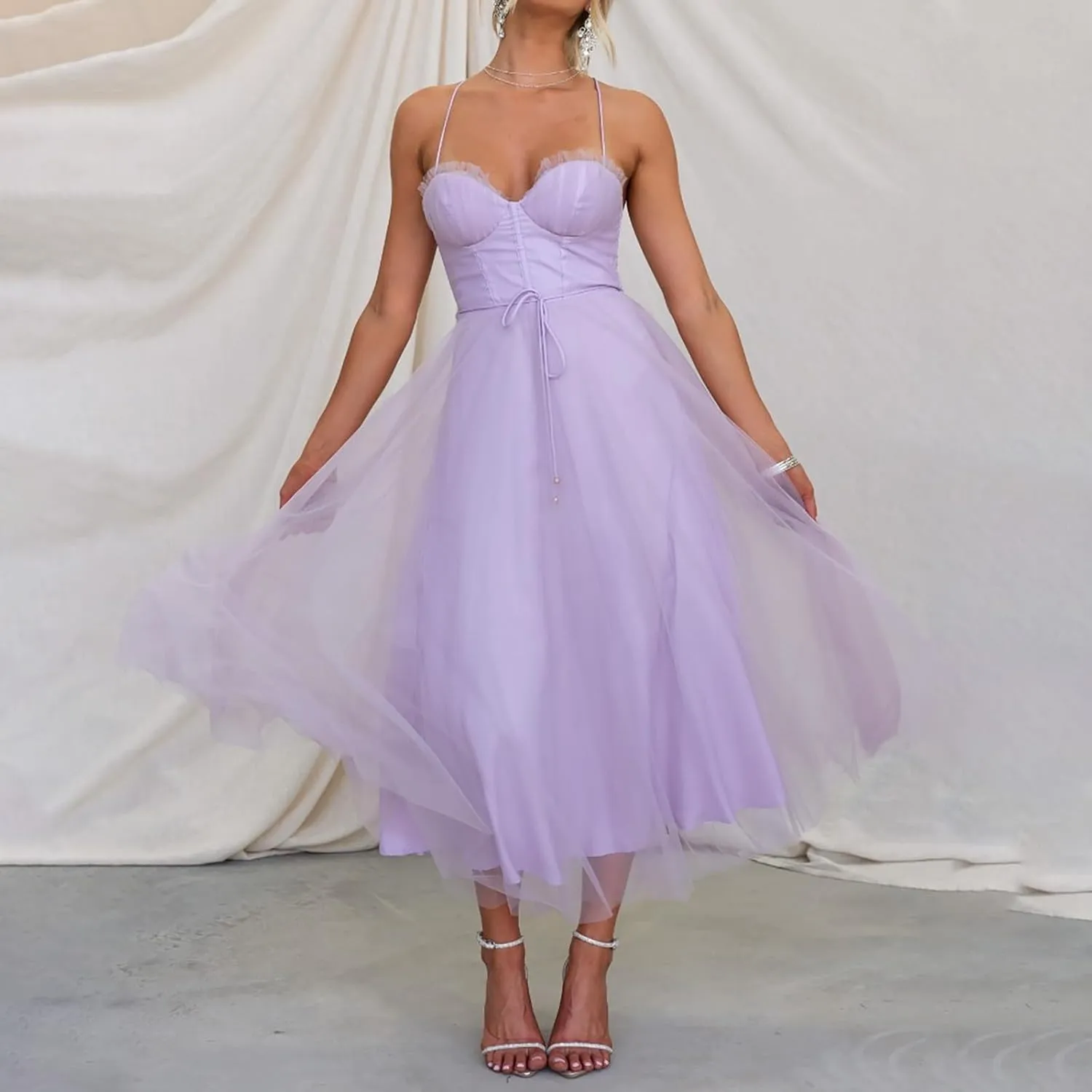 Wedding Guest Dresses for Women Sexy Spaghetti Straps Corset Prom Dress Flowy Tulle Hem Fairy Gown for Graduation