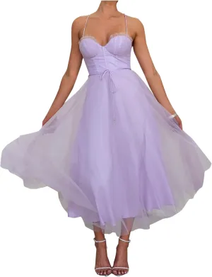 Wedding Guest Dresses for Women Sexy Spaghetti Straps Corset Prom Dress Flowy Tulle Hem Fairy Gown for Graduation