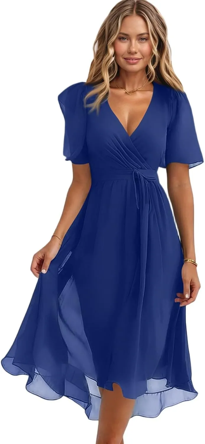 Wedding Guest Dress,Prom Cocktail Summer Sexy Dresses for Women Wrap Flowy Chiffon Womens Midi Dress