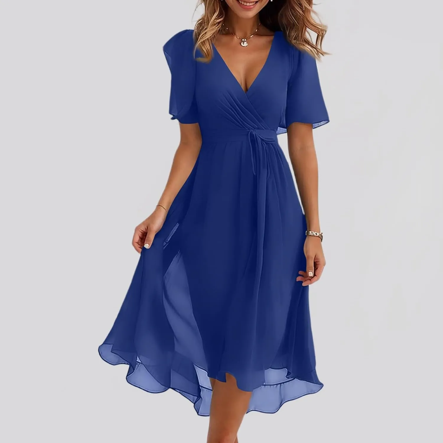 Wedding Guest Dress,Prom Cocktail Summer Sexy Dresses for Women Wrap Flowy Chiffon Womens Midi Dress