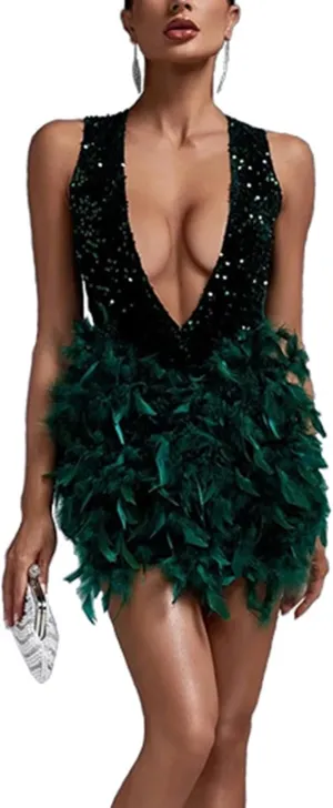 Wkishenl Women's Sexy Halter Deep V Neck Dress Sequin Party Cocktail Midi Dress Trendy 2024 Feather Short Dresses Elegant