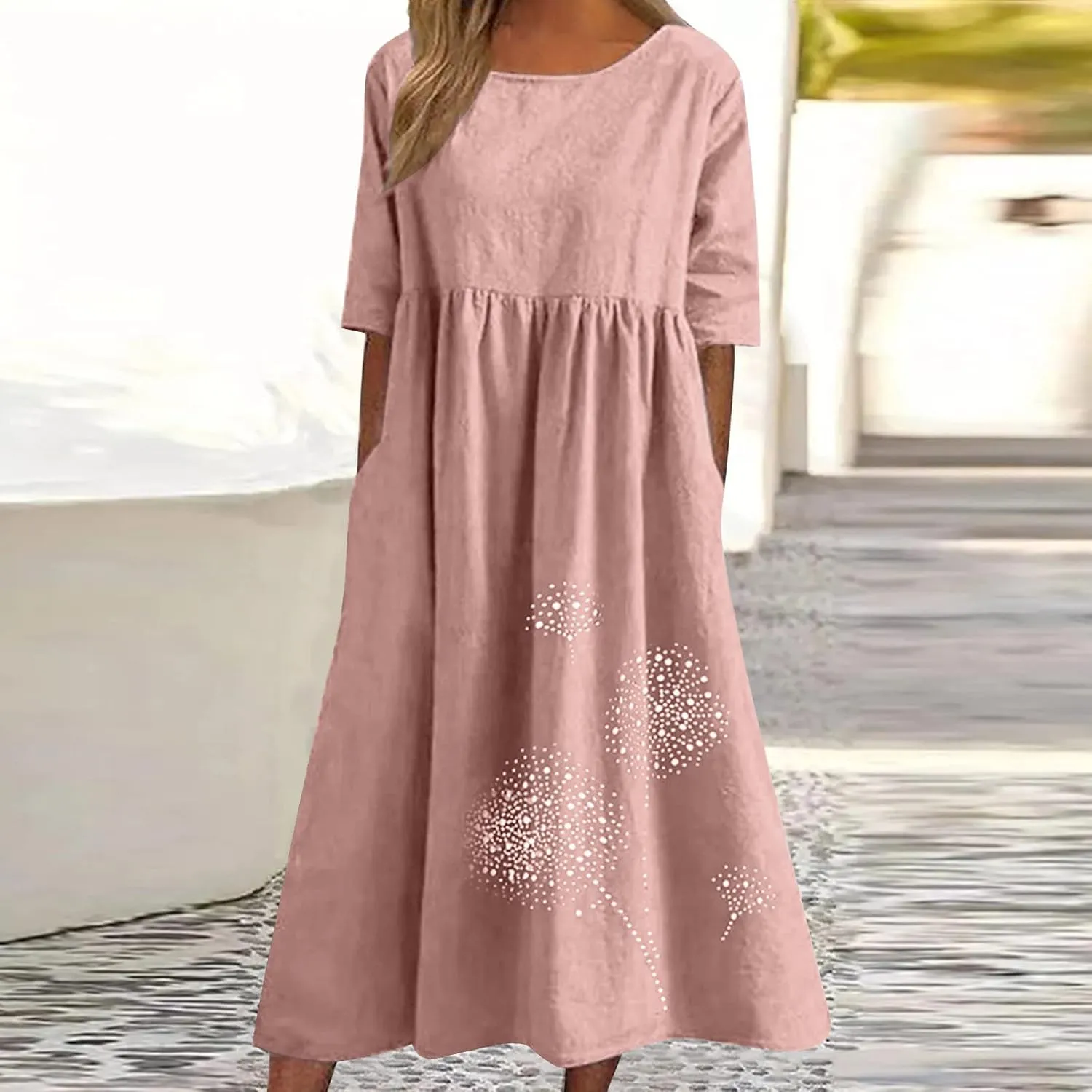 Women 2024 Casual Summer Dress Cotton Linen Maxi Long Dresses Short Sleeve Boho Dress Dressy Clothing with Pockets