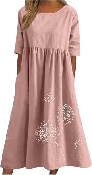 Women 2024 Casual Summer Dress Cotton Linen Maxi Long Dresses Short Sleeve Boho Dress Dressy Clothing with Pockets