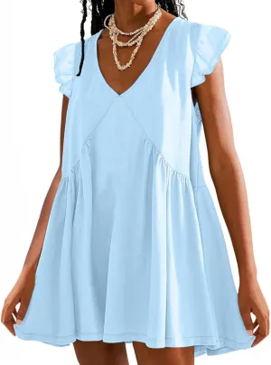 Women 2024 Summer Boho Beach Casual Short Dress Ruffle Cap Sleeve V Neck Cute Flowy Swing A-Line Mini Dress Sundress