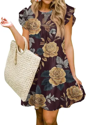 Women Babydoll Summer Casual Crew Neck Ruffle Sleeve Sleeveless Flowy Mini Short Tunic Dress Floral Print Pleated Dress3-Deep Red,XX-Large