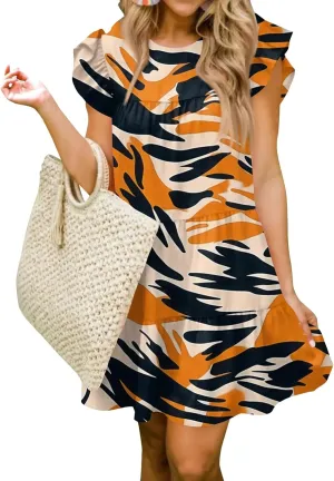 Women Babydoll Summer Casual Crew Neck Ruffle Sleeve Sleeveless Flowy Mini Short Tunic Dress Floral Print Pleated Dress4-Orange,X-Large