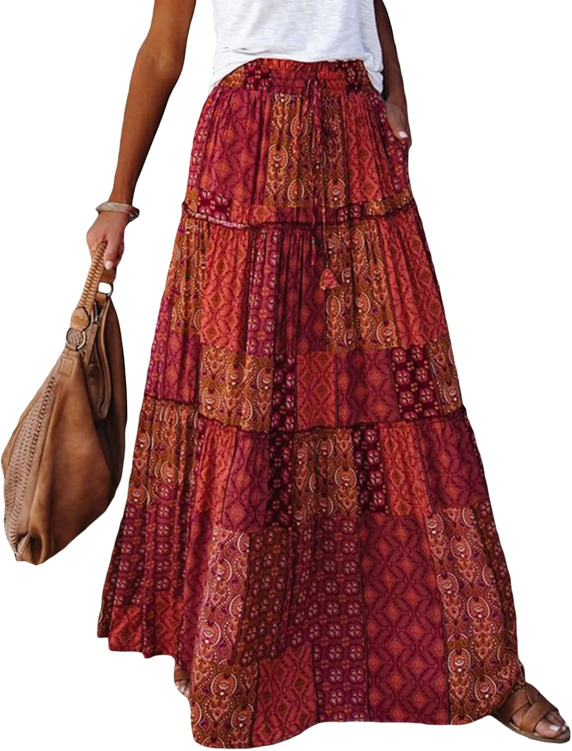Women Bohemian Maxi Skirts Vintage Elastic High Waist A-Line Skirts Tiered Long Flowy Skirts with Pockets